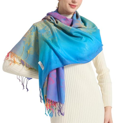 Rave Pashmina Scarf, Fashion Colorful Shawls and Wraps Soft Festival Scarves - color: C-peacock Blue (Flower Pattern)