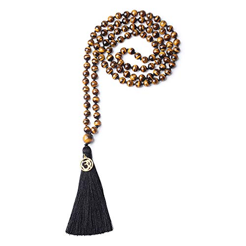 COAI OM Charm Hand Knotted Tassel 108 Mala Beads Necklace - color: Tiger eye, size: 6mm