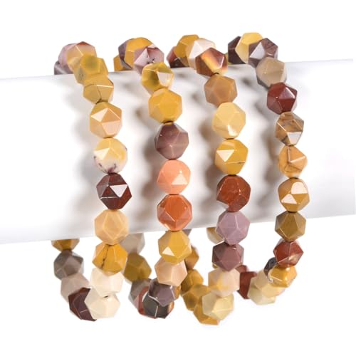 Justinstones 8mm Natural Gemstone Round Beads Triangle Faceted Charm Stretch Bracelet 6.5" - color: Multicolor Mookaite Jasper
