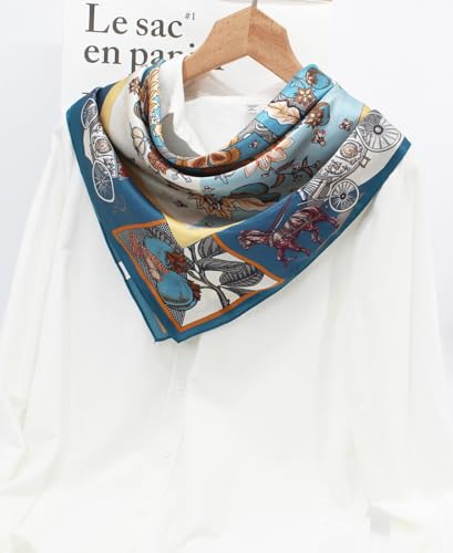 100% Pure Mulberry Silk Scarf 35" Large Square Lightweight Headscarf –Women’s Hair Wraps-With Gift Packed - color: Carriage&flowers-blue