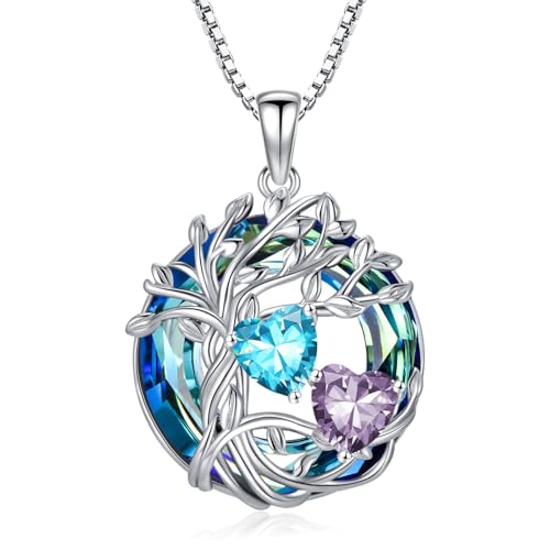 TOUPOP s925 Sterling Silver Family Celtic Tree of Life Pendant Necklaces with 2 Heart Birthstone with Blue Austrian Crystal Jewelry Birthday Valentines Day Gifts for Her, Anniversary Christmas Gifts for Wife Girlfriend Mom (18K Real White Gold Filled) - c