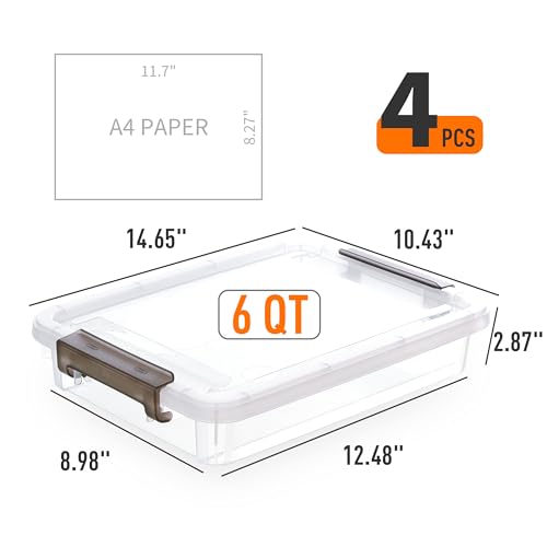 Citylife 4 Packs Portable Project Case, Clear File Box with Snap Lid, Stackable Plastic Organizers for Craft Projects, Letters, A4 Paper, Cards, and Photos - size: 5QT, style: 4 PCS