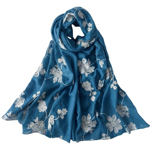 MINIDORA Soft Lightweight Scarves for Women Floral Embroidered Shawls for Holiday Summer Travel Wraps Extra Large - color: Style 4-deep Blue