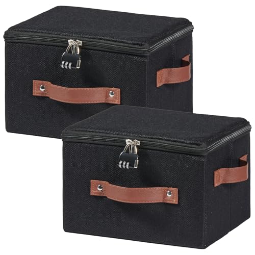 2PCS Storage Bins Boxes with Zipper Lid Combination Lock PU Leather Handles Cotton Linen Fabric Lidded Lockable Baskets Foldable Washable Closet Shelf Organizer Container (Black, Small) - color: Black, size: Small ( Set of 2 )