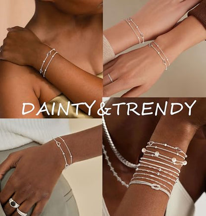 KOHOTA Silver Gold Bracelets for Women Trendy 14K Gold Plated Bracelet for Women Non Tarnish Dainty Stackable Layered Chain Heart Pearl Knot Beaded Bracelets Stack Set Charm Mothers Day Jewelry Gifts - color: C.Heart-silver