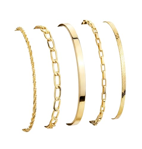 Dainty Gold Bracelet for Women Stack, Thin Bracelets Stackable Set with Bangle Cuff, Box, Herringbone, Paperclip, Figaro, Sparkling Link Chains Waterproof, Simple Jewelry Gifts for Women Non Tarnish - color: style 03-gold