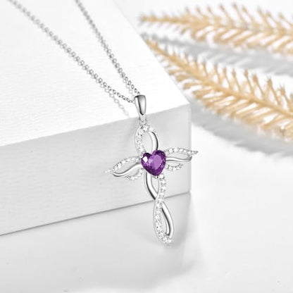 TANGPOET Angel Wings Necklace for Women 925 Sterling Silver Guardian Angel Pendant, Heart Cross Birthstone Necklace, Birthday Jewelry Gifts for Her - style: 2-February Amethyst
