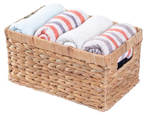 Natural Woven Water Hyacinth Rectangular Wicker Basket with Handles, Small Storage Bin Organizer, 12 Inch Shallow Basket Tray - size: Small