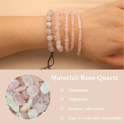 5Pcs Healing Crystal Bracelet for Women Men, Handmade Adjustable Gemstone Bracelets Beaded Reiki Energ Bracelet Set Jewelry Gifts for Women Men - color: Rose Quartz