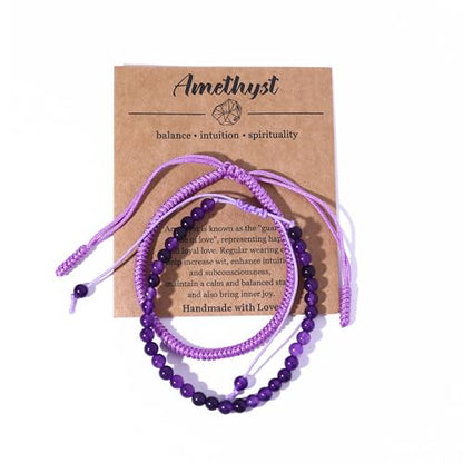 Natural Stone Healing Bracelet Tibetan Braided Style with Adjustable Rope String & Protective Energy Jewelry Gift for Womens & Men - color: Amethyst-Purple