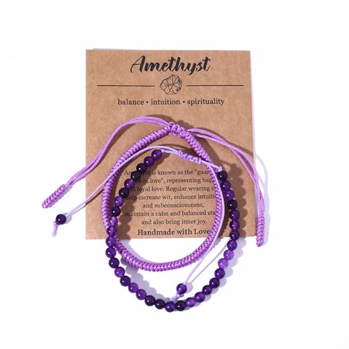 Natural Stone Healing Bracelet Tibetan Braided Style with Adjustable Rope String & Protective Energy Jewelry Gift for Womens & Men - color: Amethyst-Purple