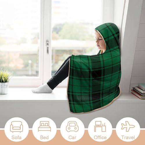 Scottish Tartan Plaid Green Large Size Comfortable Hooded Blanket, Warm Blanket 50"x60" - color: Scottish Tartan Plaid Green, size: 50"x60"