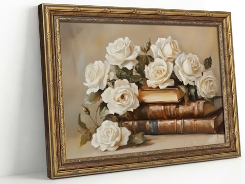 Vintage Gold Framed Books And Flowers Canvas Wall Art Antique White Rose Floral Wall Decor Picture Moody Dark Academia Poster Print for Books Lovers Living Room And Bedroom Library Home Decorate - color: Books Flowers, size: 24"L x 16"W