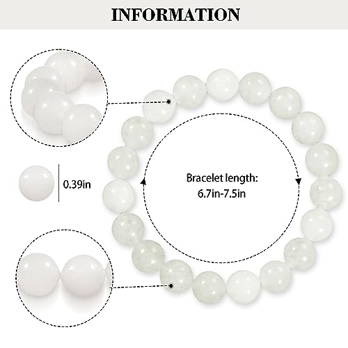 Natural Stretch Jade Bracelet for Women Men 10MM Bead 6.7 Inch to 7.5 inch Healing Crystal Energy Gemstone Bracelet for Women Men Gift - color: white