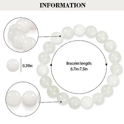 Natural Stretch Jade Bracelet for Women Men 10MM Bead 6.7 Inch to 7.5 inch Healing Crystal Energy Gemstone Bracelet for Women Men Gift - color: white
