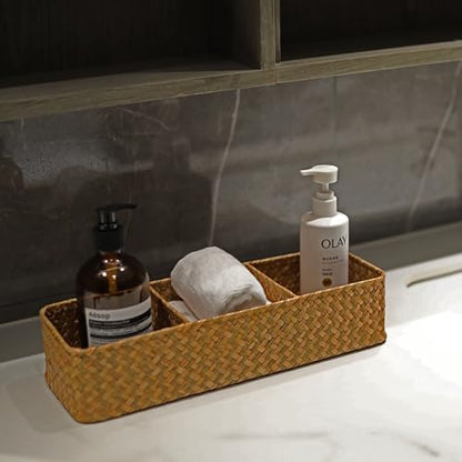 Seagrass Storage Basket 3 Sections Woven Shelf Baskets with Compartment (Natural, 14.6inch x 4.7inch x 3.1inch) - color: Natural 3 Sections without Lid