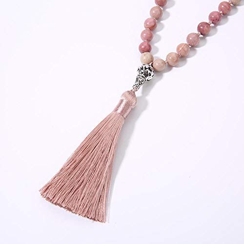 108 Mala Beads Necklace Semi-Precious Gem Stones Meditation Necklace 108 Hand Knotted Japa Mala Beaded Tassel Necklace with Tree of Life Pendant - color: Natural Rhodonite