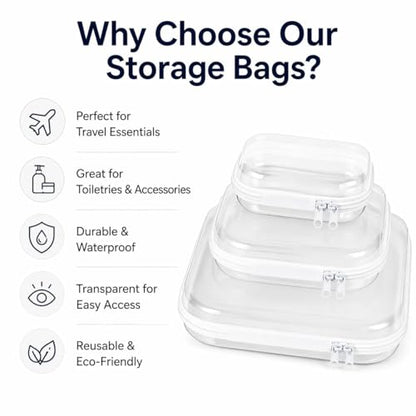 3-Pack Clear Hard Shell Zipper Cases, Crush-Proof Transparent TSA Approved Organizer Bags for Makeup, Cosmetics, Toiletry, Diaper, Toys, Tech & Art Supplies Small Medium Large