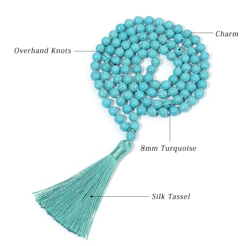 8MM Beads Chakra Long Mala Necklace Natural Stone Meditation Statement Necklace Japa Yoga Buddhist Rosary Prayer Charm Beaded Tassel Necklace - color: Turquoise