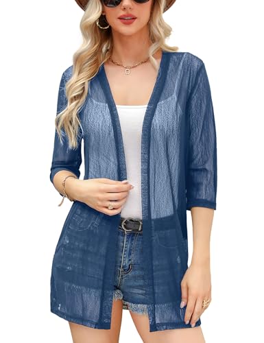 iClosam Women Casual 3/4 Sleeve Sheer Open Front Cardigan Sweater Kimono - color: Gray Blue, size: Medium