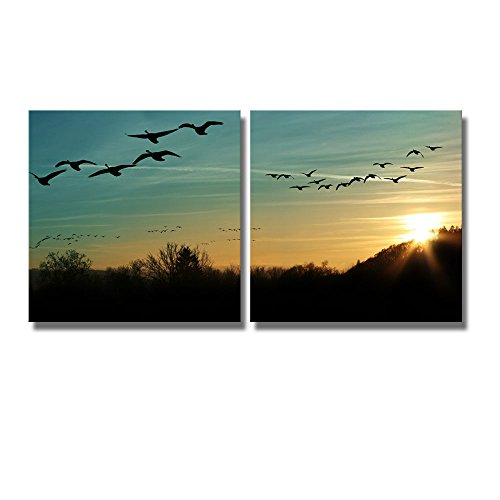 wall26 - Canvas Prints Wall Art - Flock of Migrating Canada Geese Flying at Sunset in a V Formation | Modern Wall Art Stretched Gallery Canvas Wrap Giclee Print. Ready to Hang - 16" x 16" x 2 Panels - color: Migrating Canada Geese, size: 12" x 12" x 2 pan