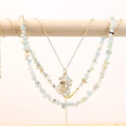 2Pcs Crystal Necklace for Women Handmade Choker Necklaces Pendant Necklace Natural Stone Gemstone Beaded Necklace 18k Gold Plated Adjustable Dainty Necklace for Women - color: Amazonite
