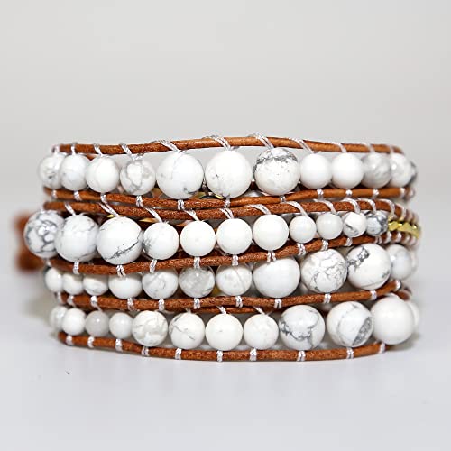Boho Wrap Bead Bracelet for Women - Handmade Adjustable Natural Stone Beaded Bracelets Yoga Healing Bracelet Bangle Hippie Jewelry - color: White Turquoise #2