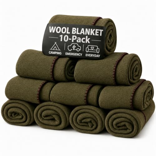 Wool Camping Blanket – 70% Wool Heavy-Duty Military Style Throw, Warm & Washable, Fire Retardant Cover for Emergency, Survival & Outdoor Use – Perfect for Camping, Car, Home & Hiking, Olive 62x84 - color: Olive Green, size: 62x84 - 10 Pack