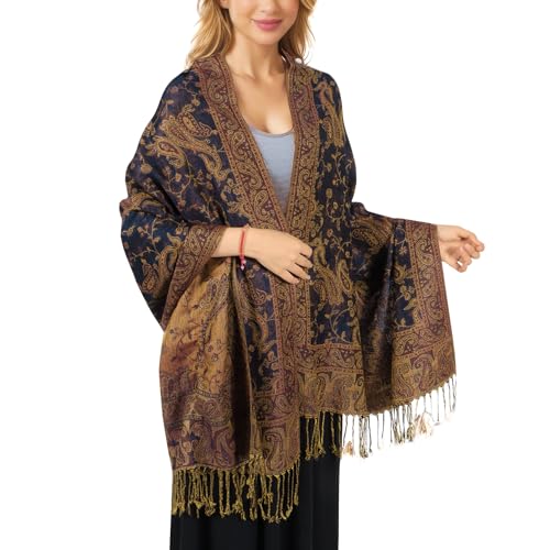 MUQU Women Pashmina Shawls and Wraps Scarf Soft Silky Reversible Paisley Scarves Shawl for Women - color: Navy Blue-a