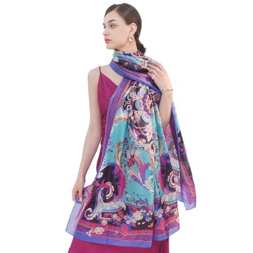 100% Mulberry Extra Large Silk Pashmina Scarf Shawls And Wraps For Women Evening Dress Summer Travel Floral Blanket - color: 67 Blue&purple