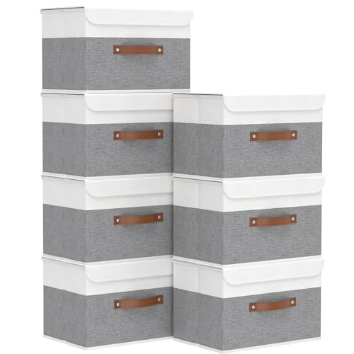 Yawinhe Storage Bins with Lids, Fabric Foldable Boxes, Washable and Leather Handle, Cube Organizer Basket for Home, Closet, White/Grey, 17.7''Lx11.8''Wx11.8''H, 7-Pack, USNK024WGX-7 - color: White/Grey, size: XL/(7 Pack)