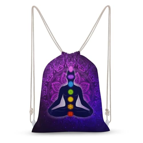 Seven Chakra Yoga Meditation Lotus Purple Mandala Portable Canvas Drawstring Backpack with Drawstring Pockets 30x40cm - color: Seven Chakra Yoga Meditation Lotus Purple Man, size: 30x40cm