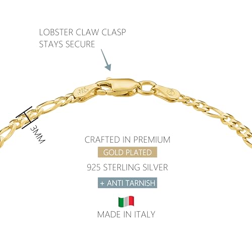 KISPER 18K Gold Plated 925 Sterling Silver Chain Bracelets for Women, Waterproof Tarnish Resistant, Curb/Rope/Figaro/Mariner Link Bracelet, 6.5, 7, 8, 9 Inch - size: 9 inches (large), style: Figaro