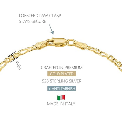 KISPER 18K Gold Plated 925 Sterling Silver Chain Bracelets for Women, Waterproof Tarnish Resistant, Curb/Rope/Figaro/Mariner Link Bracelet, 6.5, 7, 8, 9 Inch - size: 9 inches (large), style: Figaro
