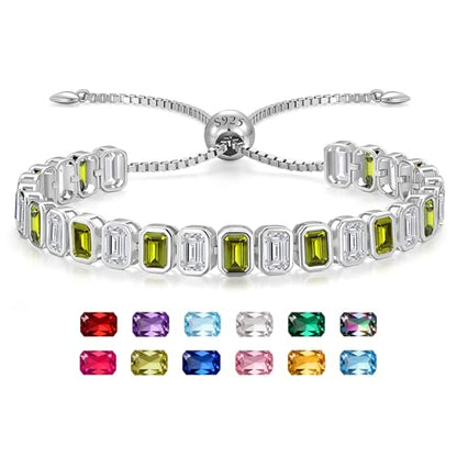 Birthstone Bracelets for Women, Sterling Silver Tennis Bracelets Emerald Cut Bezel Set with Adjustable Chain, Elegant Anniversary, Birthday or Valentine's Day Gift - color: 08-Aug-Peridot