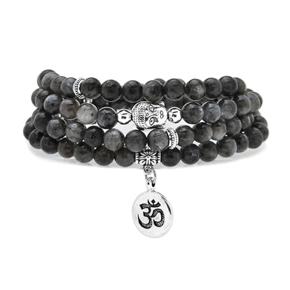 Japa Mala Beads 108 Bracelet, Buddha Charm Necklace with OM Yoga Symbol Charm for Men or Women - style: Labradorite