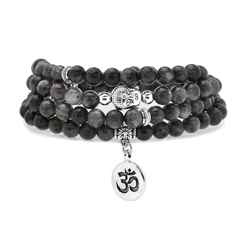 Japa Mala Beads 108 Bracelet, Buddha Charm Necklace with OM Yoga Symbol Charm for Men or Women - style: Labradorite