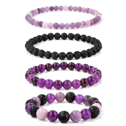 4pcs Beaded Bracelets for Women,Natural Healing Crystal Gemstones Bracelet,Anxiety Stress Relief Bracelet Handmade purple Jewelry Gifts for Women - color: Lepidolite&Lava Rock&Amethyst