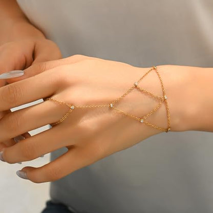 18K Gold Plated Hand Chain Bracelets for Women, Dainty Cubic Zirconia, Heart, Beads, Bamboo Link Charm Bracelet, Trendy Adjustable Finger Ring Bracelet, Hand Chain Jewelry, Christmas Gifts - style: Reticular CZ Hand Chain