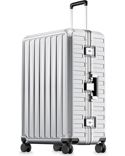 LUGGEX Checked Suitcase with Spinner Wheels, 8010S Aluminum Frame Zipperless Polycarbonate Hard Shell Suitcase (ZX-Core, Silver, 28 Inch) - color: Silver Grey, size: Checked-large 28-inch