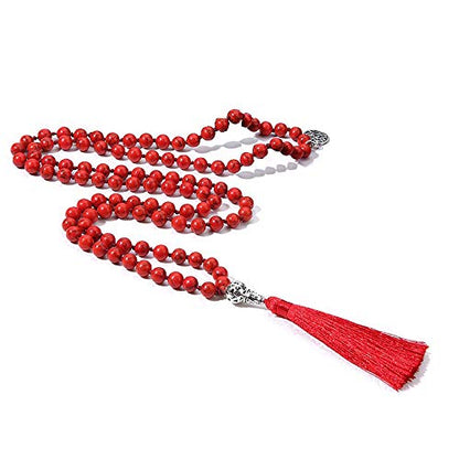 108 Mala Beads Necklace Semi-Precious Gem Stones Meditation Necklace 108 Hand Knotted Japa Mala Beaded Tassel Necklace with Tree of Life Pendant - color: Red Turquoise