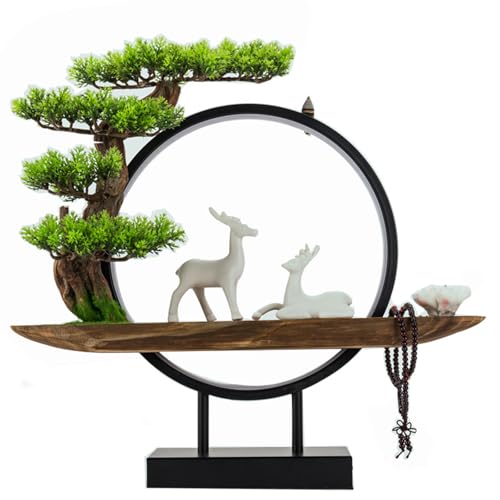 Ceramic Deer Statue Backflow Incense Burner，Circle LED Ring Light，Green Artificial Tree Welcome Pine， Meditation Statues for Home Decor