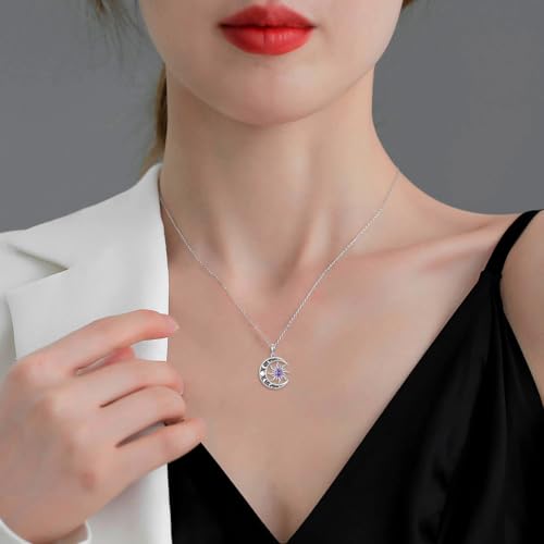 Sun and Moon Necklace 925 Sterling Silver Sun Moon Pendant Gemstone Jewelry Gifts for Women - style: February