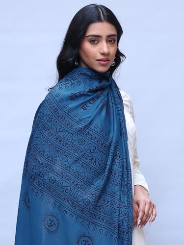 Exotic India Prayer Shawl with Printed Hare Ram Hare Krishna Mantra - PolyCotton - color: Teal