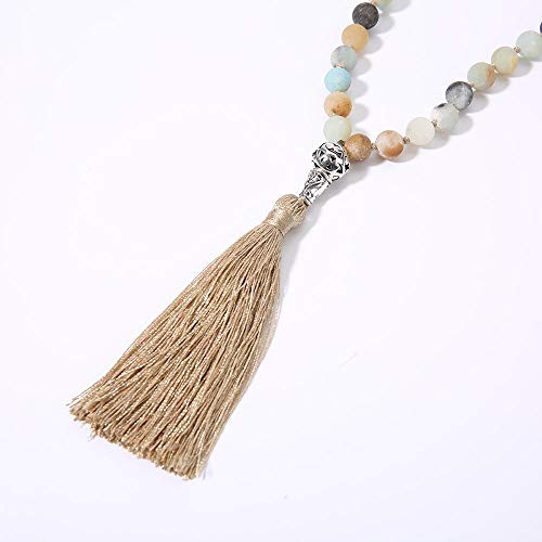 108 Mala Beads Necklace Semi-Precious Gem Stones Meditation Necklace 108 Hand Knotted Japa Mala Beaded Tassel Necklace with Tree of Life Pendant - color: Natural Amazonite
