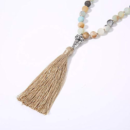 108 Mala Beads Necklace Semi-Precious Gem Stones Meditation Necklace 108 Hand Knotted Japa Mala Beaded Tassel Necklace with Tree of Life Pendant - color: Natural Amazonite