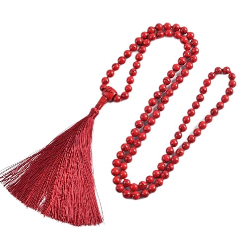 YGLINE Chakra 108 Mala Beads Bracelet Real Healing Gemstone Yoga Meditation Hand Knotted Mala Prayer Bead Necklace - color: Red Turquoise