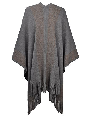 ZLYC Women's Shawl Golden Trim Knit Blanket Wrap Fringe Poncho Coat Cardigan - color: Grey
