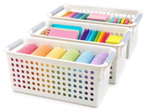 Basicwise Set of 3 White Rectangular Plastic Storage Basket with Easy-Grip Handles Ventilated Organizer Bin for Bathroom Pantry Closet Laundry Kitchen Shelf Countertop & Home Organization Essentials - size: Set of 3
