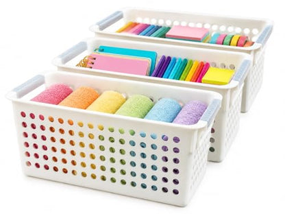 Basicwise Set of 3 White Rectangular Plastic Storage Basket with Easy-Grip Handles Ventilated Organizer Bin for Bathroom Pantry Closet Laundry Kitchen Shelf Countertop & Home Organization Essentials - size: Set of 3